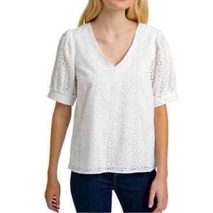 Draper James V-Neck Puff Short Sleeve Eyelet Top XS